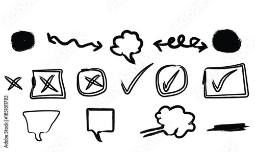 A collection of hand drawn icons and symbols for communication and editing