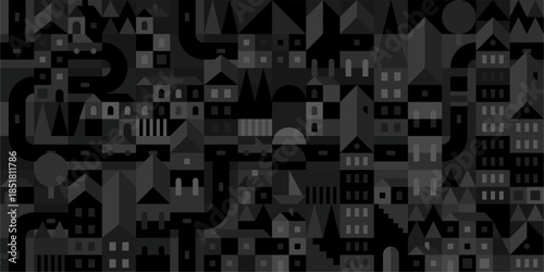 Seamless Trendy Dark Black Abstract Night City Geometric Pattern Vector Illustration Background Template
