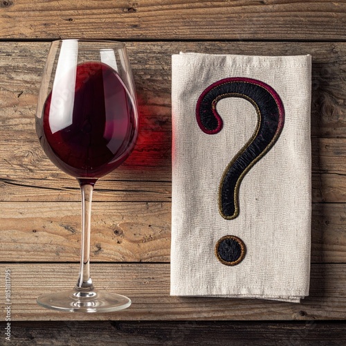 Red wine glass and a napkin with a question mark on a wooden table