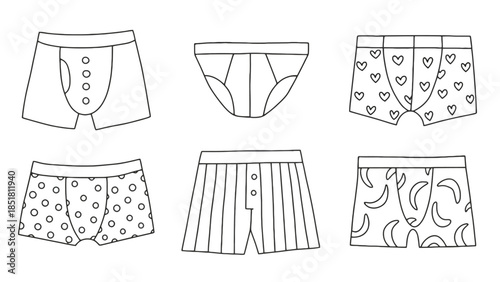 Six different styles of men's underwear are depicted in a drawing.