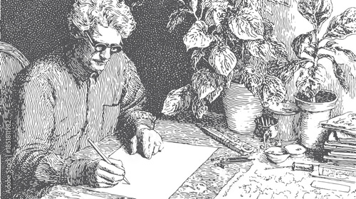 Artist drawing a sketch on paper at a workspace. This scene features plants and creative tools in a black and white vector illustration.