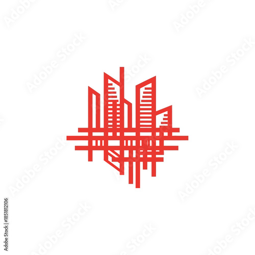 Abstract red geometric cityscape illustration on a white background