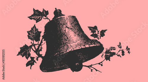 Vintage bell illustration with detailed leaves in black. Classic vector graphic on a pink background.