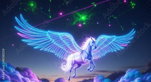 Mythical winged horse in flight.