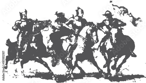 Knights on armored horses in a dynamic battle scene. Monochrome vector illustration depicting military action and medieval chivalry.