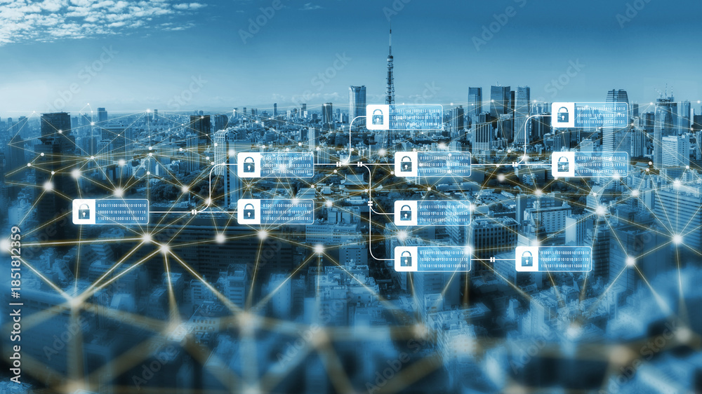 Naklejka premium Blockchain structure showing distributed data blocks linked with encryption, representing secure transaction verification, decentralized control, and immutable record system Vouch
