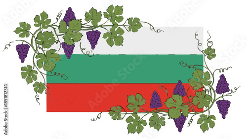 Bulgarian flag adorned with grapevines and leaves, concept of Trifon Zarezan  