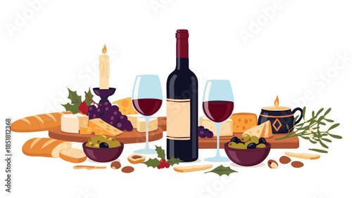 Elegant wine table with bread, cheese, and festive decorations  