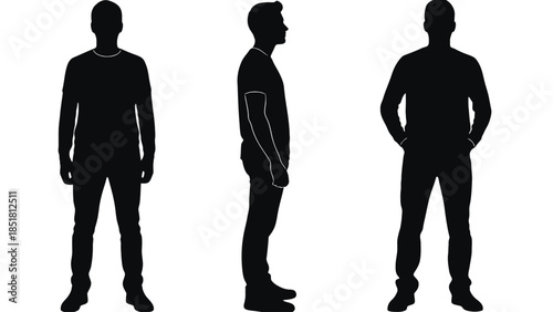 Three male silhouettes shown from front, side, and back views.