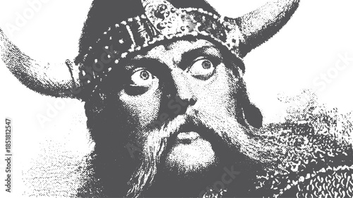 Viking character portrait, showcasing a male with a horned helmet and moustache. Detailed black and white vector illustration captures cultural aspects.