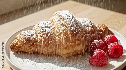 Deliciously flaky butter croissant dusted with powdered sugar served alongside fresh, bright red raspberries on a white ceramic plate at sunrise