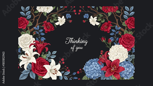 Beautiful floral arrangement of roses and lilies with 'Thinking of you' message on black background