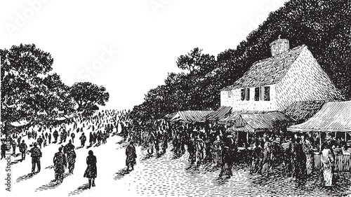 People gathering in a bustling market street scene. Detailed vector illustration showcasing a historic town with trees and building elements.