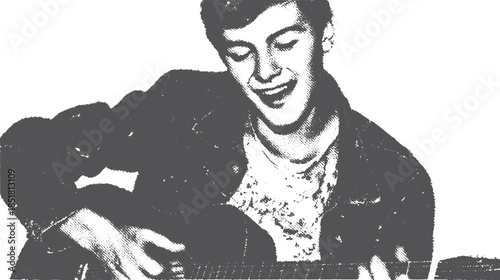 Male musician playing guitar while singing. Black and white photo portrait shows a cheerful expression. Vector illustration style.