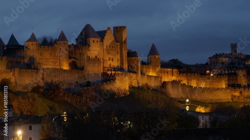 Illuminated Medieval Walls of Carcassonne at Night, France