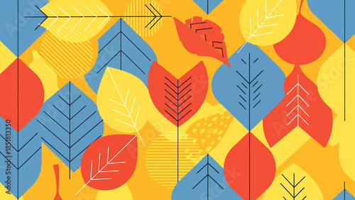 Vibrant Autumn Leaves Seamless Pattern with Modern Geometric Design and Warm Color Palette, Perfect for Fall Backgrounds, Seasonal Textiles, and Digital Decor