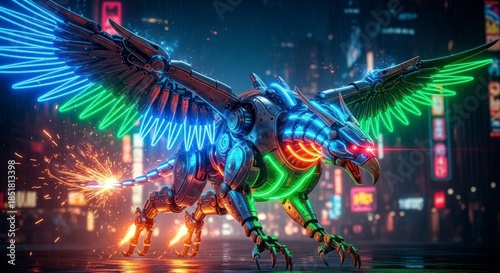 Neon bird in city night.