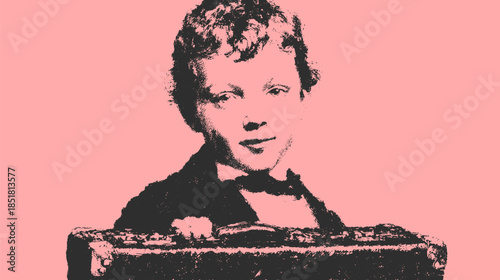 Vintage boy portrait illustration in black and white style. Simple vector graphic showcasing classic childhood features against a colorful background set.