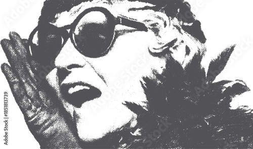 Vintage woman with sunglasses and hat in a stylish vector illustration set. The black and white portrait captures a unique expression and fashion.