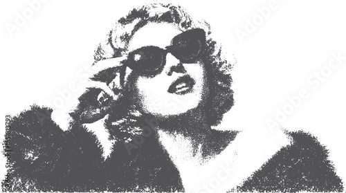 Woman in vintage sunglasses with a classic style. Black and white vector illustration showcasing glamour and elegance in fashion.