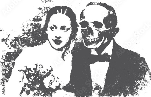 Vintage photo portrait of a couple, featuring a skeleton figure and a gothic aesthetic. This black and white vector illustration captures a unique, spooky style.