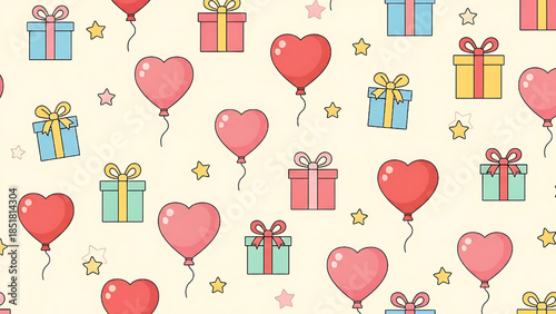 Valentine seamless pattern illustration featuring heart balloons, gift boxes, and star elements