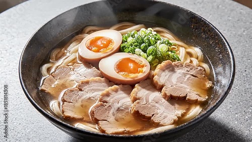 Steaming hot bowl of savory Japanese ramen noodles featuring tender chashu pork slices soft boiled eggs and fresh green onions served on a stone surface