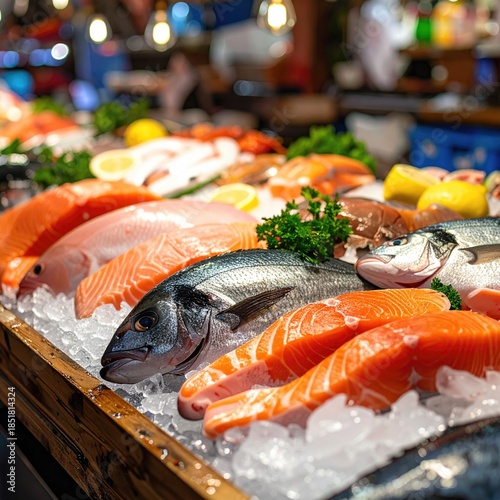 Fresh fish on ice display in a market