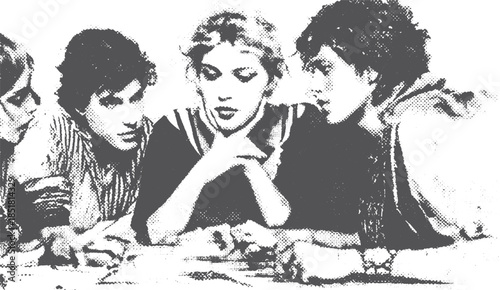 Group of people in conversation. Modern vector illustration depicting interaction and collaboration in a monochrome design set.