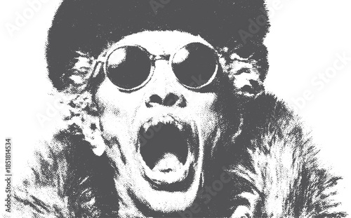 Screaming man portrait in black and white. Bold graphic style with fur and glasses, set as a unique vector illustration.