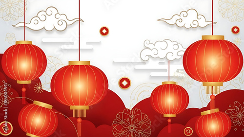 Chinese New Year festive background featuring red hanging lanterns with traditional Chinese cloud ornaments.