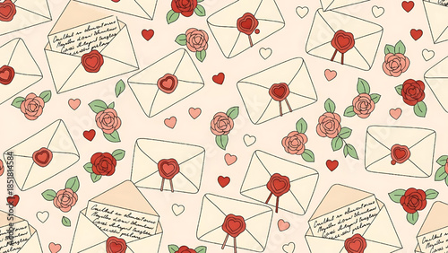Romantic Valentine seamless pattern featuring love letters, envelopes, hearts, and roses.