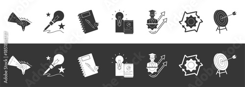 A collection of illustrated big idea glyph icons including Vision, creativity, plan, knowledge, development, synergy, goals with editable strokes. with different colors and backgrounds.