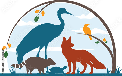 Illustration of a wolf, a raccoon, and a bird in a circle.