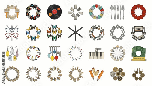 Collection of circular and symmetrical arrangements of everyday objects and natural elements.