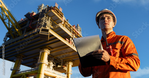 Engineer inspecting offshore oil platform structure