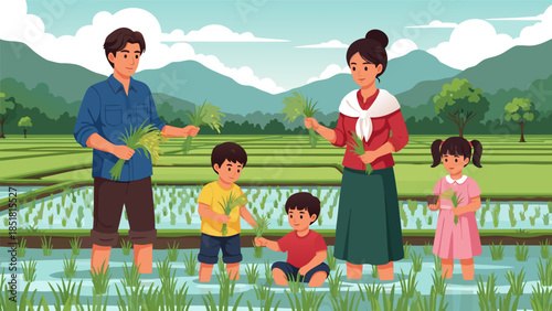 Rural Family Engaged in Rice Cultivation Amidst Verdant Green Fields and Gentle Mountain Scenery