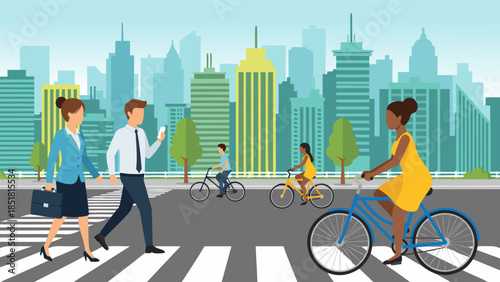 People and cyclists navigating a busy city street with modern skyscrapers in the background