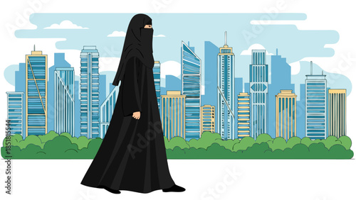 A Muslim woman in traditional attire walks through a modern cityscape, representing cultural integration and urban life
