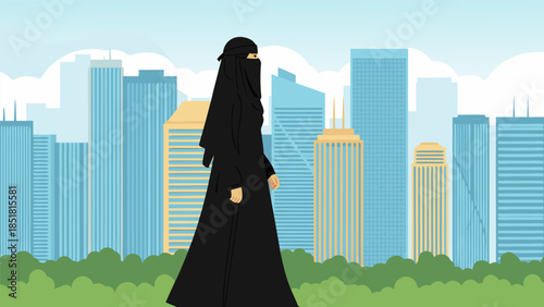 Illustration of a woman in a niqab walking through a modern city with skyscrapers and trees