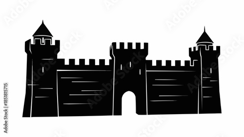 Medieval Castle Fortress Silhouette with Towers and Gate.