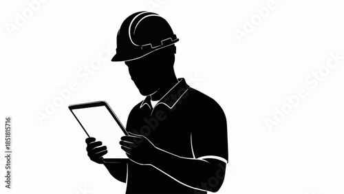 Silhouette of a construction worker using a tablet device.