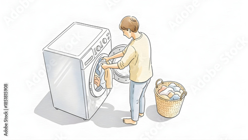 A person loading laundry into a washing machine, domestic chore illustration