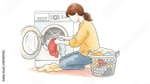 Woman folding clothes and putting them into a washing machine, basket of laundry next to her