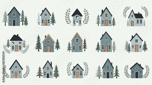 Collection of charming small houses with trees and decorative elements.