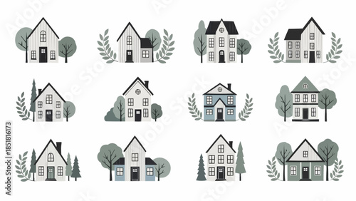 Collection of charming hand-drawn houses in various architectural styles.