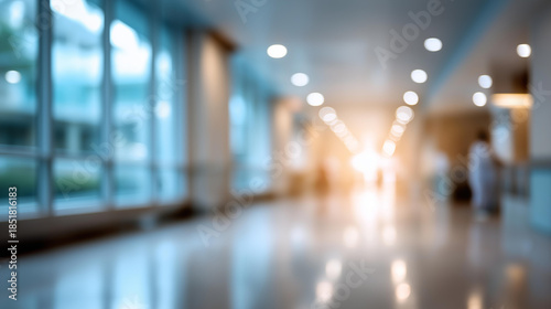 Blurred interior of hospital hallway, abstract medical background, defocused healthcare facility, soft focus clinical environment, institutional setting, with copy space