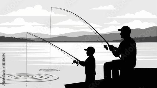 Father and Son Fishing Together Silhouette.