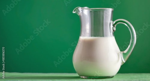 Milk in pitcher jug on green background.