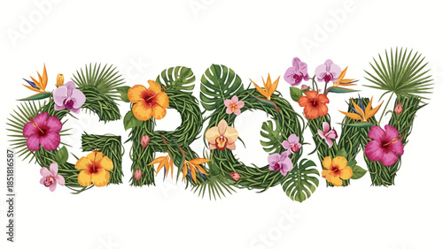 GROW" word art, beautifully rendered with lush tropical foliage and exotic blossoms, symbolizing natural development, renewal, and flourishing vitality